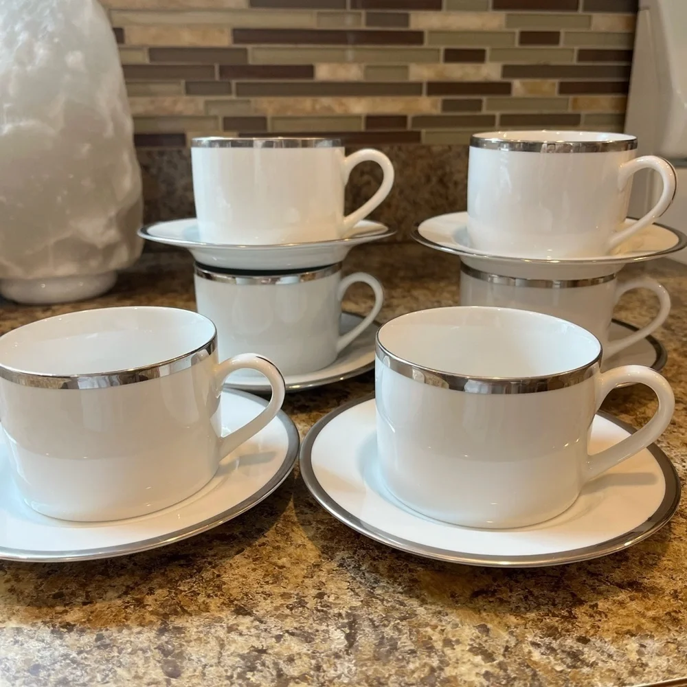 Pier 1 Monno Bangladesh Elegant White and Silver Tea Cups and Saucers Set of 6